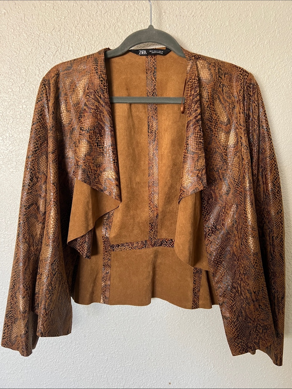 ZARA Brown Snake-Print Faux Suede Open Front Jacket Medium